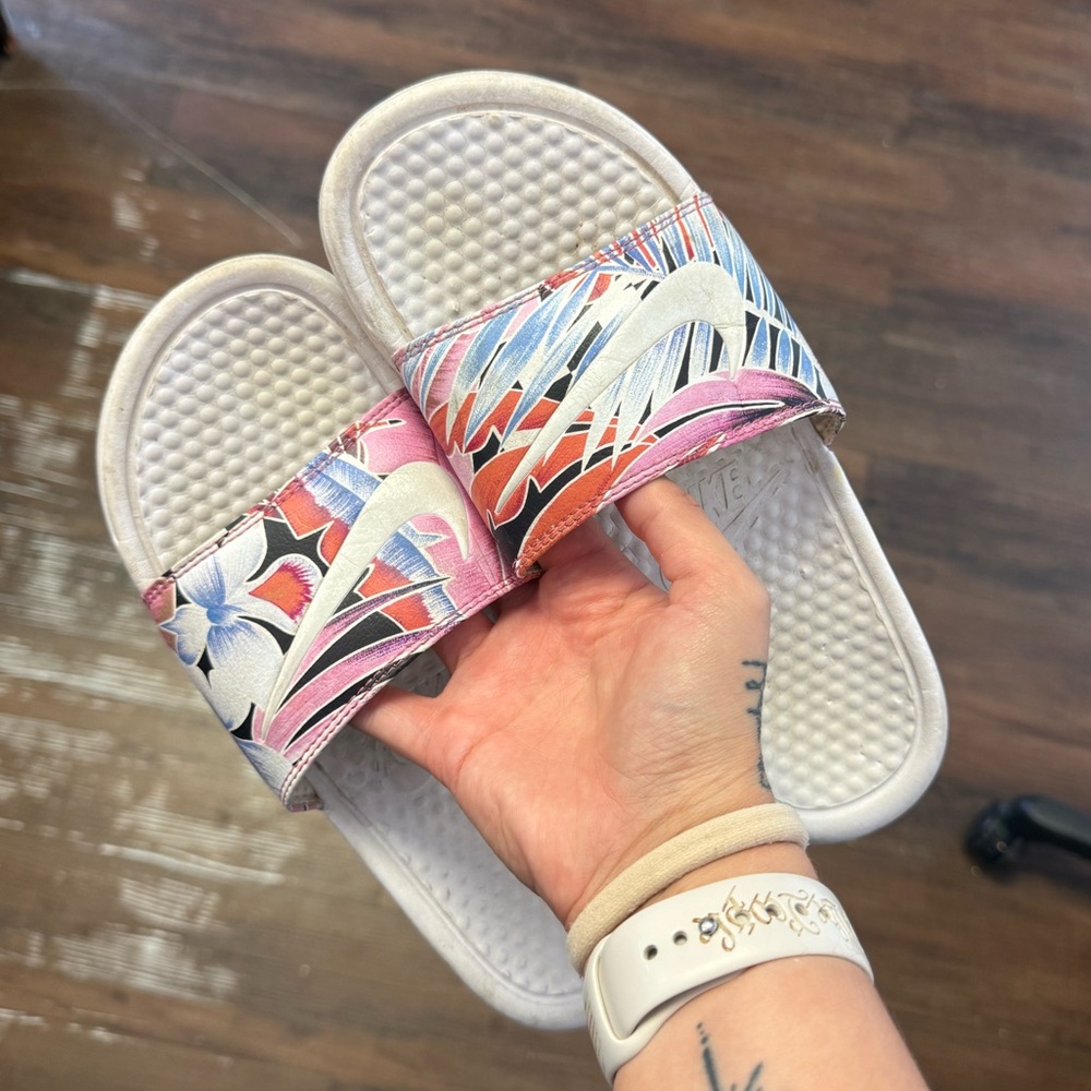 Nike White Slide Sandals with Pink, Blue & Coral Floral Strap